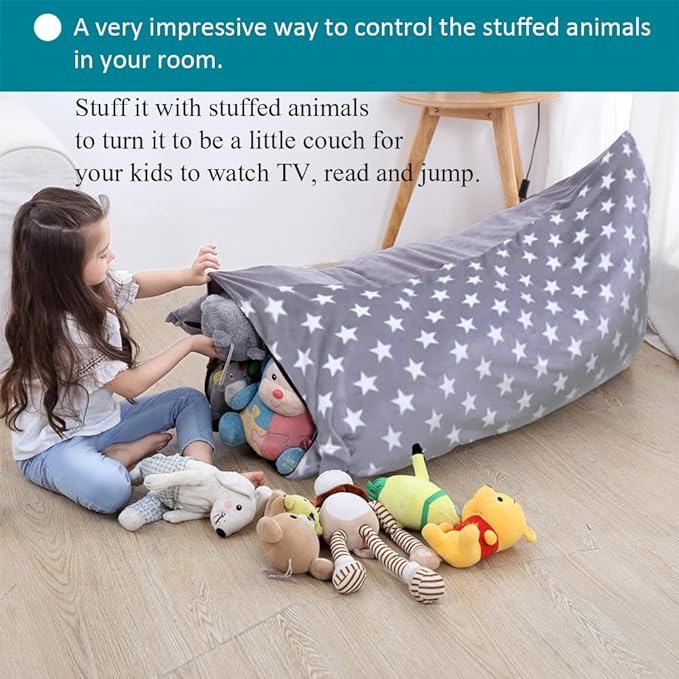 Stuffed Animal Storage Bean Bag Chair Cover, Plush Toys Organizer, Animals Doll Holder, Extra Large Lounger Designed with Handle and Zipper Super Soft for Kids and Teans -Stars Style - LeafyLoom