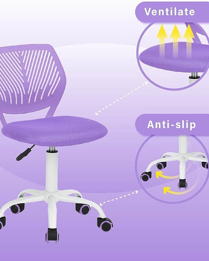FurnitureR Teens Girls Task Chair 360 Swivel, Low Mid PP Mesh Back Fabric Seat, Height Adjustable, Rolling Castor, W15.7inces x D15.2inces x H29.5-34.2inches (Purple) - LeafyLoom