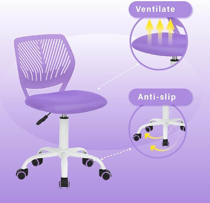 FurnitureR Teens Girls Task Chair 360 Swivel, Low Mid PP Mesh Back Fabric Seat, Height Adjustable, Rolling Castor, W15.7inces x D15.2inces x H29.5-34.2inches (Purple) - LeafyLoom