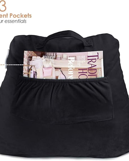 Nestl Reading Pillow with Portable Laptop Lap Desk, Velvet Feel Back Pillow for Sitting in Bed, Shredded Memory Foam Back Support Pillow for Bed, Bed Rest Pillow with Arms, Small - Black - LeafyLoom