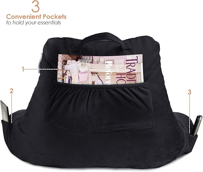 Nestl Reading Pillow with Portable Laptop Lap Desk, Velvet Feel Back Pillow for Sitting in Bed, Shredded Memory Foam Back Support Pillow for Bed, Bed Rest Pillow with Arms, Small - Black - LeafyLoom