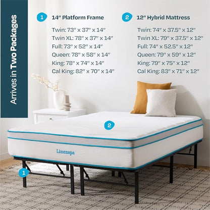 Linenspa 12” Memory Foam and Innerspring Hybrid Mattress + 14” Black Metal Platform Bedframe – Twin Mattress + Metal Folding Twin Bedframe - LeafyLoom