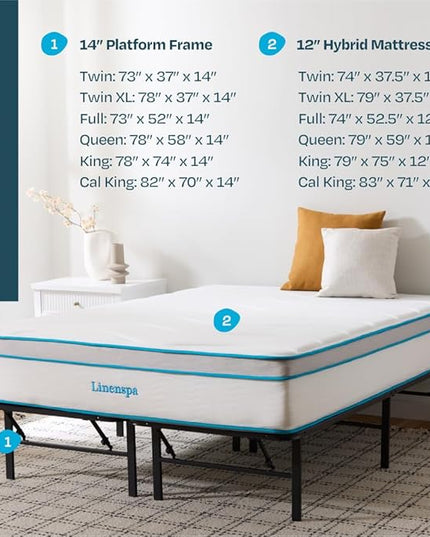 Linenspa 12” Memory Foam and Innerspring Hybrid Mattress + 14” Black Metal Platform Bedframe – Full Mattress + Metal Folding Full Bedframe - LeafyLoom