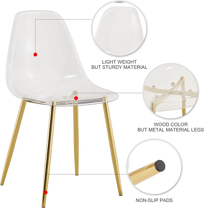 NicBex Dining Chairs Set of 6 Armless Crystal Clear Dining Chairs Modern Plastic Kitchen Chairs,Accent Ghost Chairs with Golden Metal Legs for Kitchen,Dining Room,Living Room,Transparent - LeafyLoom