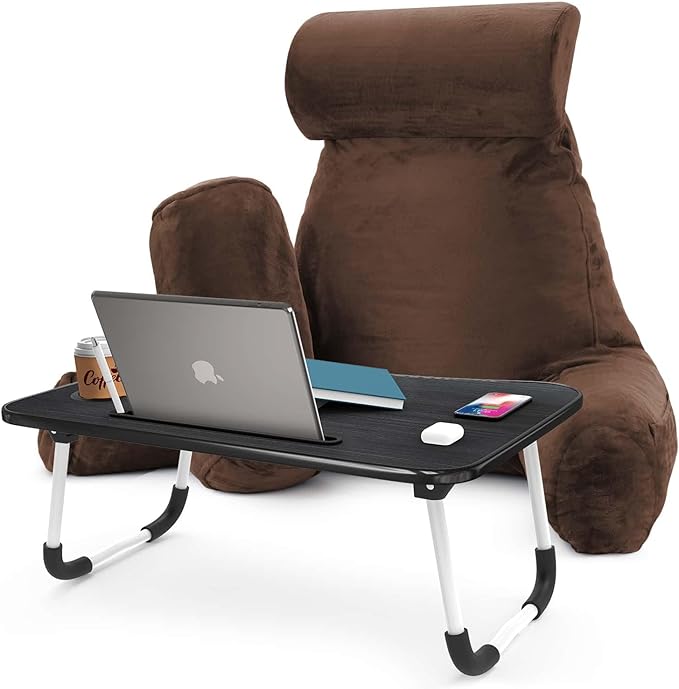 Nestl Reading Pillow with Portable Laptop Lap Desk, Velvet Feel Back Pillow for Sitting in Bed, Shredded Memory Foam Back Support Pillow for Bed, Bed Rest Pillow with Arms, Large - Brown - LeafyLoom
