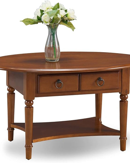 Leick Coastal Oval Coffee Table with Shelf, Pecan - LeafyLoom