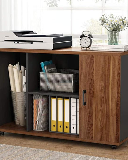 Tribesigns 39 inches File Cabinet, Large Storage Printer Stand, Mobile Filling Office Cabinet with Wheels, Doors and Open Storage Shelves,Dark Walnut - LeafyLoom