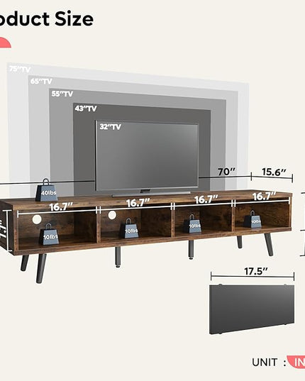 Bestier 70 inch Mid Century Modern TV Stand for 75 inch TV, Low Profile TV Stand with Storage, Entertainment Center for Living Room, Cord Management, Rustic Black - LeafyLoom