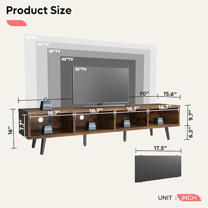 Bestier 70 inch Mid Century Modern TV Stand for 75 inch TV, Low Profile TV Stand with Storage, Entertainment Center for Living Room, Cord Management, Rustic Black - LeafyLoom