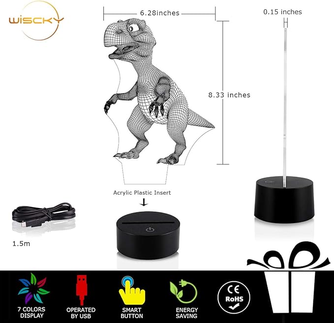 Night Lights for Kids Dinosaur 3D Night Light Lamp Wiscky 7 LED Colors Changing Touch Table Desk Lamps Decorative Lighting Pretty Cool Toys Gifts Birthday Holiday Xmas for Baby Nursery Toddler Friends - LeafyLoom