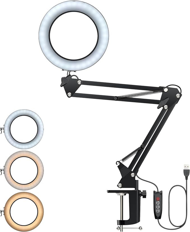8X Lighted Magnifying Glass Lamp, Adjustable Magnifying Glass with Light Clamp Swivel Arm LED 3 Color Modes,10 Brightness Levels, Hands Free Magnifier for Hobby Close Work, Repair, Reading - LeafyLoom