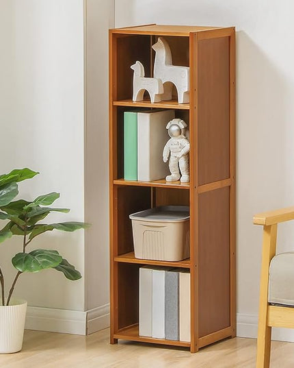 MoNiBloom Narrow Bookcase Bamboo 4 Tier Free Standing Tall Bookshelf Display Storage Shelves Collection Décor Furniture for Home Living Room Study Room, Brown - LeafyLoom