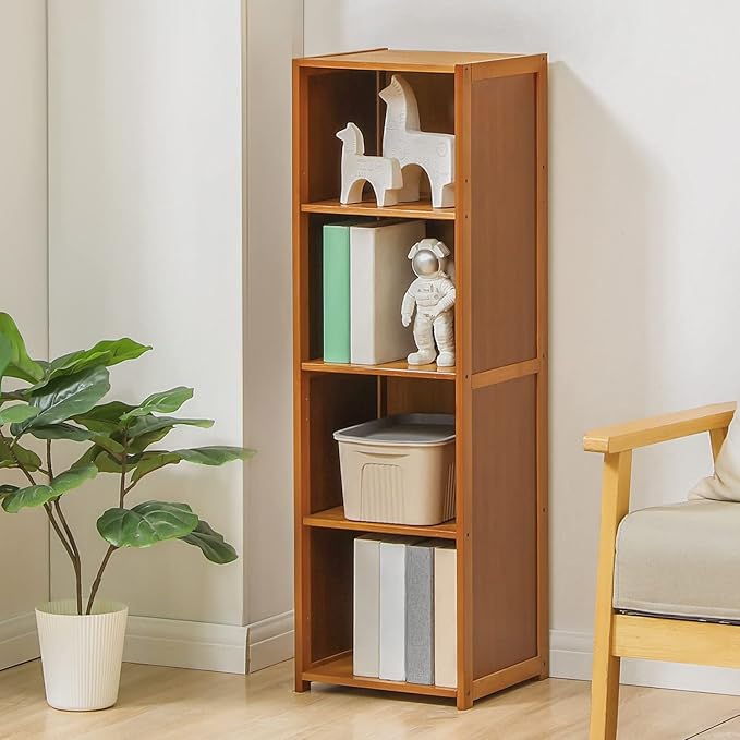 MoNiBloom Narrow Bookcase Bamboo 4 Tier Free Standing Tall Bookshelf Display Storage Shelves Collection Décor Furniture for Home Living Room Study Room, Brown - LeafyLoom