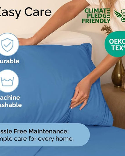 Split King Size 5 Piece Sheet Set - Comfy Breathable & Cooling Sheets - Hotel Luxury Bed Sheets for Women & Men - Deep Pockets, Easy-Fit, Soft & Wrinkle Free Sheets - Denim Blue Oeko-Tex Bed Sheet Set - LeafyLoom