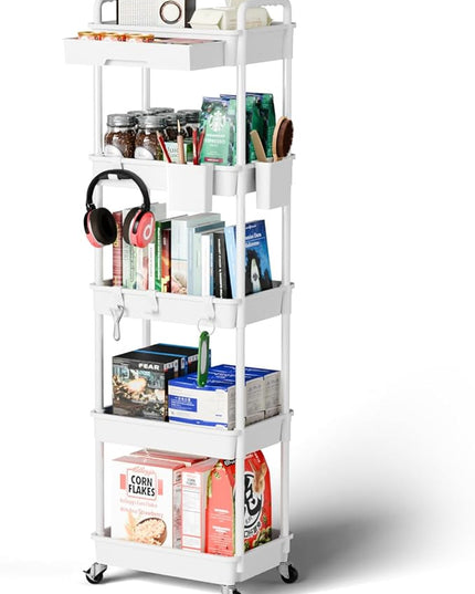 5 Tier Small Rolling Cart Organizer,Bathroom Cart Organizers with Wheels Laundry Room Organization Mobile Shelving Unit Utility Cart Storage Shelves Multi-Functional for Office, Home(White) - LeafyLoom