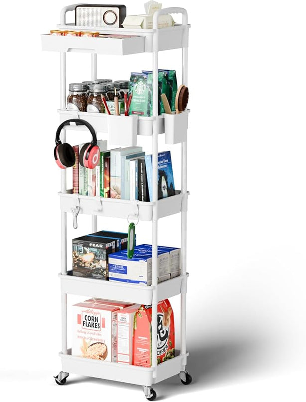 5 Tier Small Rolling Cart Organizer,Bathroom Cart Organizers with Wheels Laundry Room Organization Mobile Shelving Unit Utility Cart Storage Shelves Multi-Functional for Office, Home(White) - LeafyLoom