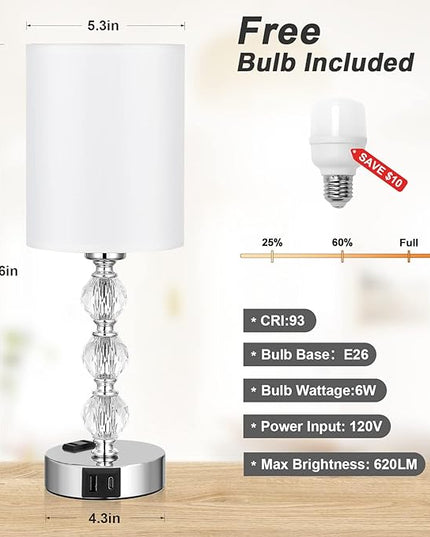 Touch Bedside Crystal Lamps for Bedrooms Nightstand with USB C+A Charging Port and AC Outlet White, 3 Way Dimmable Silver Small End Side Table Lamp for Living/Guest/Dinning Room/Kitchen - LeafyLoom