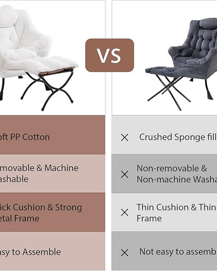 Lazy Chair with Ottoman, Modern Chair with Folding Footrest, Lounge Accent Chair, Comfortable Reading Chair (Plush White) - LeafyLoom