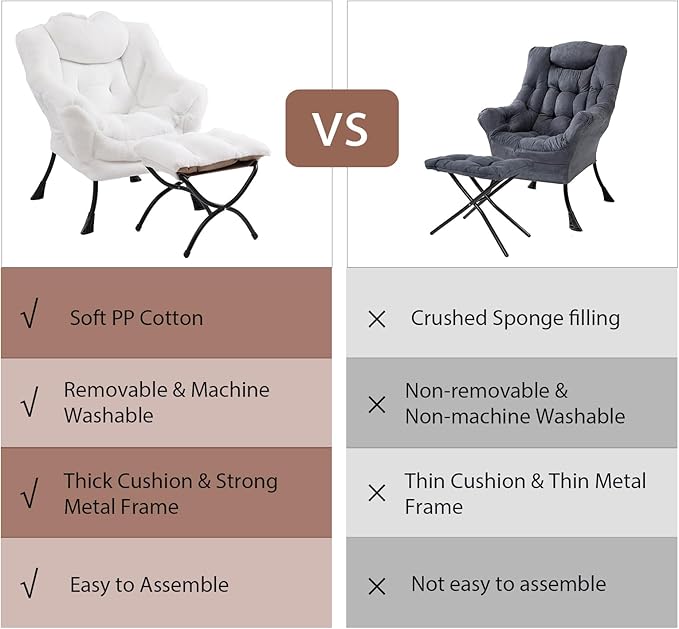 Lazy Chair with Ottoman, Modern Chair with Folding Footrest, Lounge Accent Chair, Comfortable Reading Chair (Plush White) - LeafyLoom