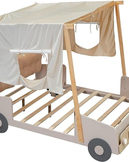 Full Size Car Bed with Car-Light Shape LED & Pillow,Wooden Kids Racecar Bedframe W/Magazine Holder & Ceiling Cloth,Easy Assembly,Toy Bedroom Furniture for Boys Kids Toddlers Child,Natural - LeafyLoom
