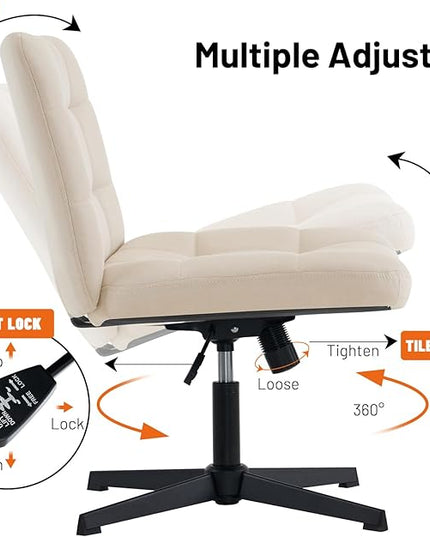 Furniliving Linen Office Desk Chair No Wheels, Armless Swivel Home Office Chair Height Adjustable Wide Office Chair for Bedroom, Modern Mid Back Accent Chair Computer Task Chair, Beige - LeafyLoom