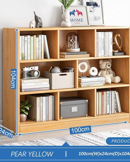 IOTXY Open Shelf Low Bookcase - Wooden 3-Tier Floor Standing Display Cabinet Organizer with Base, 8 Cubes Short Horizontal Bookshelf in Pear Yellow - LeafyLoom