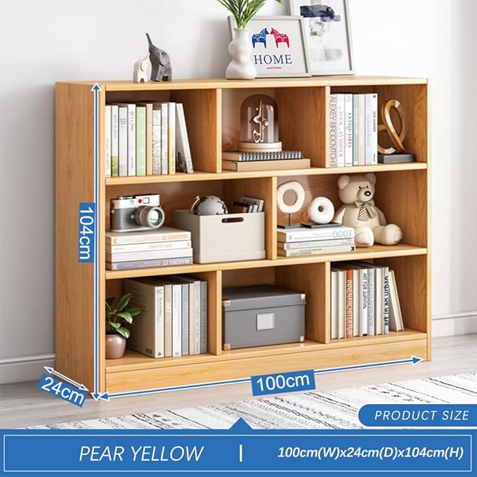 IOTXY Open Shelf Low Bookcase - Wooden 3-Tier Floor Standing Display Cabinet Organizer with Base, 8 Cubes Short Horizontal Bookshelf in Pear Yellow - LeafyLoom