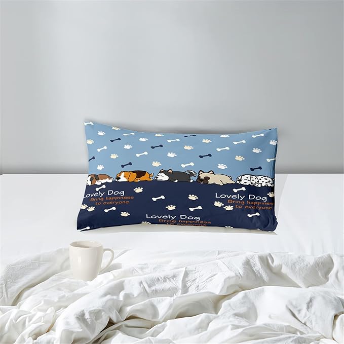 2Pcs Cartoon Dog Comforter Set Twin Comforter Set for Boys Lovely Puppy Patterns Bedding Set Fun Animal Lover Comforter Lovely Dog Paw Bones Quilt with 1 Pillowcase, Twin Size - LeafyLoom