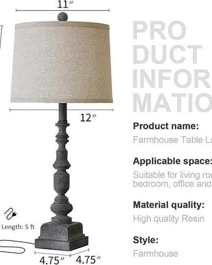 Oneach 27.75" Vintage Farmhouse USB A+C Table Lamps Set of 2 for Living Room Traditional Bedside Lamps for Bedroom Office Mid Century Table Lamp Antique Grey Accent Rustic Lamps for End Table - LeafyLoom