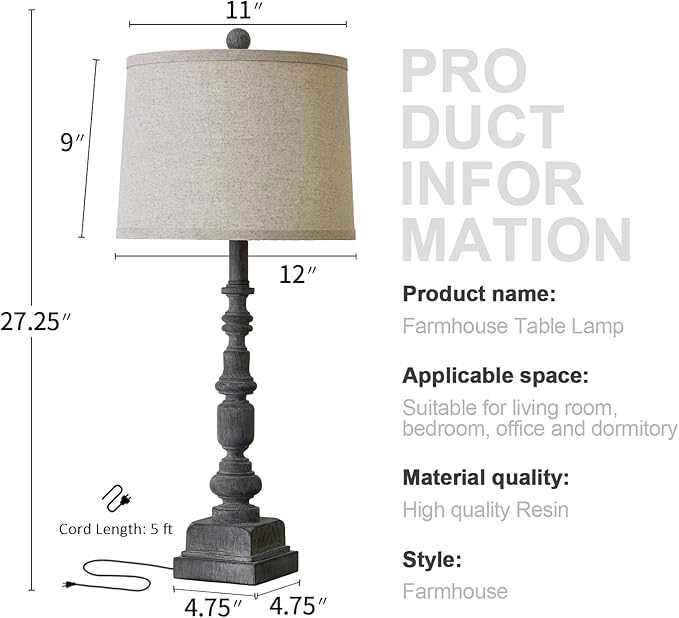Oneach 27.75" Vintage Farmhouse USB A+C Table Lamps Set of 2 for Living Room Traditional Bedside Lamps for Bedroom Office Mid Century Table Lamp Antique Grey Accent Rustic Lamps for End Table - LeafyLoom