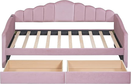 Twin Size Upholstered Daybed with 2 Drawers and Striped Headboard, Solid Wood Velvet Bed with USB Charging Ports, Space-Saving Design, No Box Spring Needed, for Living Room, Bedroom, Dorm, Pink - LeafyLoom