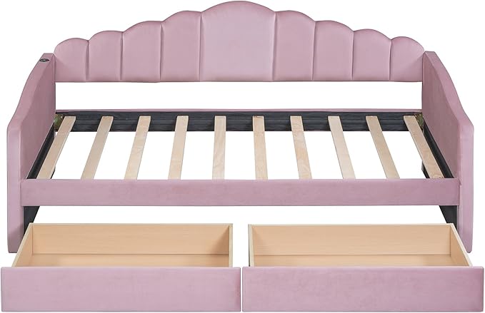 Twin Size Upholstered Daybed with 2 Drawers and Striped Headboard, Solid Wood Velvet Bed with USB Charging Ports, Space-Saving Design, No Box Spring Needed, for Living Room, Bedroom, Dorm, Pink - LeafyLoom