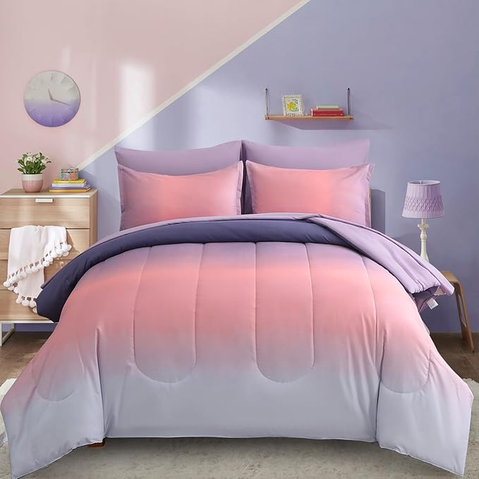 Dinjoy Girls Comforter Set King Size Colorful Rainbow Ombre Pink Purple Light Blue Bedding Set Gradient 7 Pieces Bed in A Bag for Kids Teen Women(1 Comforter, 1 Flat Sheet, 1 Fitted Sheet) - LeafyLoom