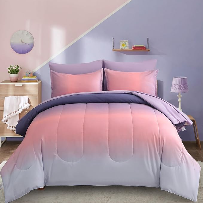 7 Pieces Comforter Set Full/Queen Size - Gradient Pink and Purple All Season Teens Rainbow Comforter Bedding Set, Ultra Soft Fluffy Microfiber Bed in a Bag for Kids - LeafyLoom