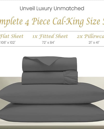 1000 Thread Count Egyptian Cotton Sheets California King Size 4 Piece Sheet Set - All Around Elastic 18" Deep Fitted Sheet, Extra Soft & Best Bed Sheets - Dark Grey Cal King Bedding Set - LeafyLoom