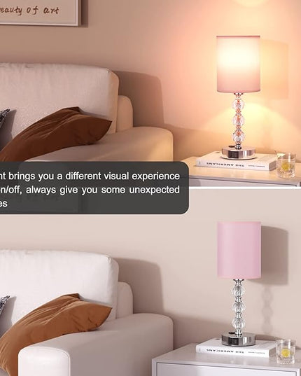Pink Touch Bedside Lamps for Bedrooms - Crystal Table Lamp with USB C+A Charging Port and AC Outlet Nightstand, 3 Way Dimmable Silver Small End Side Table Lamp for Living/Guest/Dinning Room/Kitchen - LeafyLoom