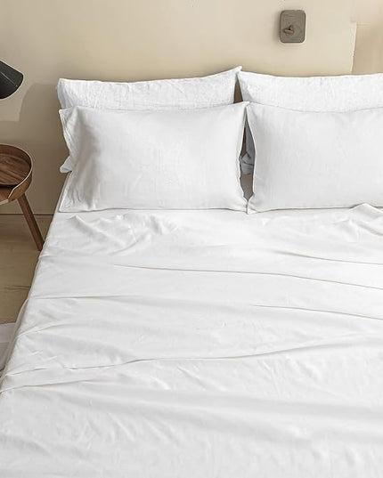 Simple&Opulence 100% Linen Sheet Set Solid Color- 6 Pcs Washed French Flax Bed Sheets (1 Flat Sheet, 1 Fitted Sheet, 4 Pillowcases) - Breathable Home Collection (Basic White, King) - LeafyLoom