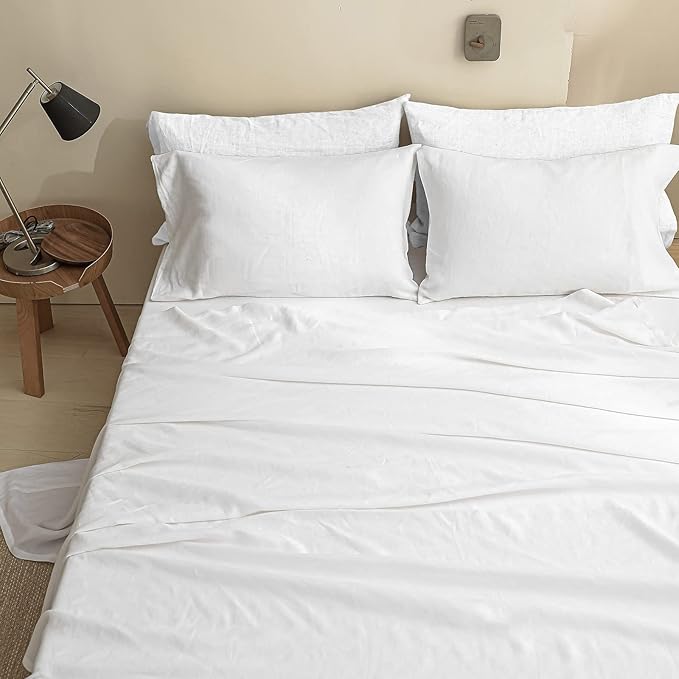 Simple&Opulence 100% Linen Sheet Set Solid Color- 6 Pcs Washed French Flax Bed Sheets (1 Flat Sheet, 1 Fitted Sheet, 4 Pillowcases) - Breathable Home Collection (Basic White, King) - LeafyLoom