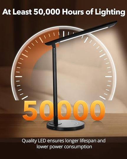 LED Desk Lamp, Metal Desk Light 12W 550lm, Dimmable Touch Control Lamp with USB Charging Port, Eye-Caring Desk Light with 5 Color Modes with 7 Brightness Levels, for Home, Office, School, Black - LeafyLoom