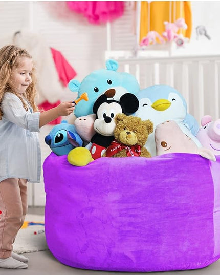 Bean Bag Chair Cover, Stuffed Animal Storage, Plush Toys Organizer Holder, Beanbag Chairs Cover for Kids Teans and Adults Super Soft and Comfortable Fabric X-Large with Handle and Zipper -Round Purple - LeafyLoom