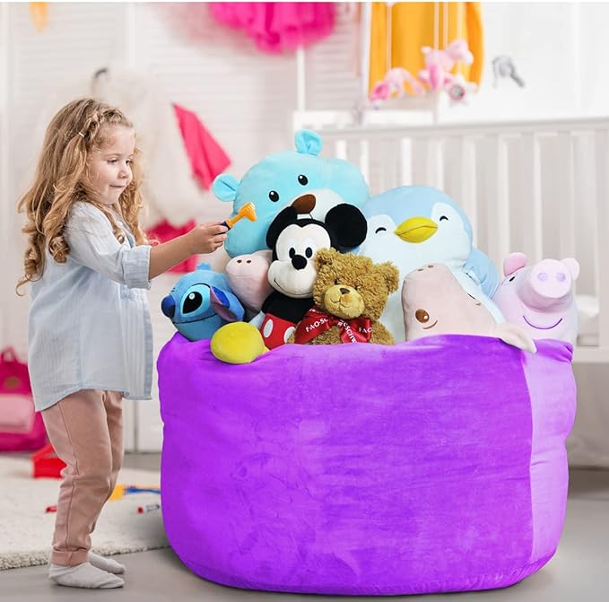 Bean Bag Chair Cover, Stuffed Animal Storage, Plush Toys Organizer Holder, Beanbag Chairs Cover for Kids Teans and Adults Super Soft and Comfortable Fabric X-Large with Handle and Zipper -Round Purple - LeafyLoom