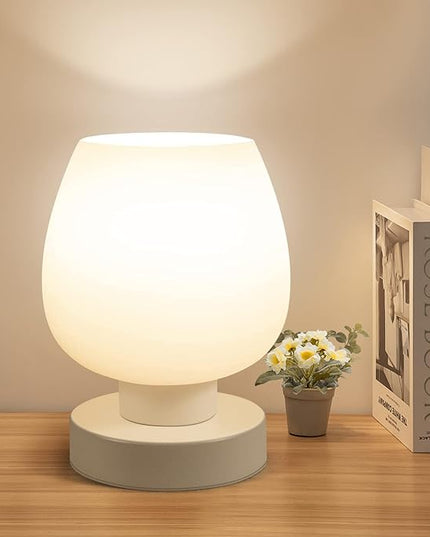 Touch Bedside Table Lamp - Modern Small Lamp for Bedroom Living Room Nightstand, Desk lamp with White Opal Glass Lamp Shade, Warm LED Bulb, 3 Way Dimmable, Simple Design Mother's Day Gifts - LeafyLoom