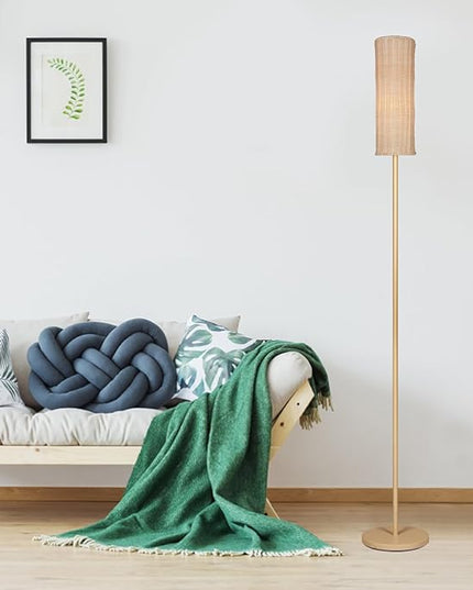 Boho Floor Lamp with Cylindrical Rattan Lampshade, Torchiere lamp for Bedroom, Living Room, Corner Tall Floor Lamp with Dimmable Switch - LeafyLoom