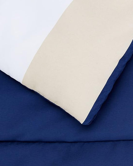 Amazon Basics Lightweight Microfiber Bed-in-a-Bag Comforter 7-Piece Bedding Set, Full/Queen, Blue Stripe, Striped - LeafyLoom