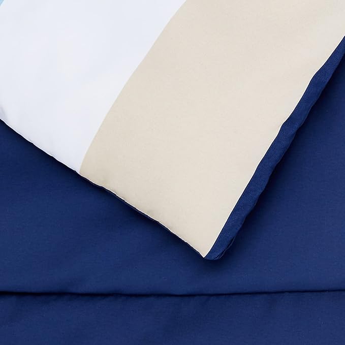 Amazon Basics Lightweight Microfiber Bed-in-a-Bag Comforter 7-Piece Bedding Set, Full/Queen, Blue Stripe, Striped - LeafyLoom