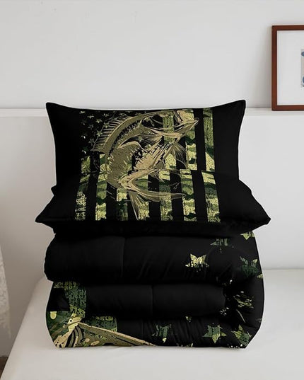 Green Black Camouflage Comforter Set Fish Camo American Flag Bedding Set for Women Men Room Farmhouse Fishing Decor Comforter Wild Quilted Set 3Pcs Queen Size - LeafyLoom