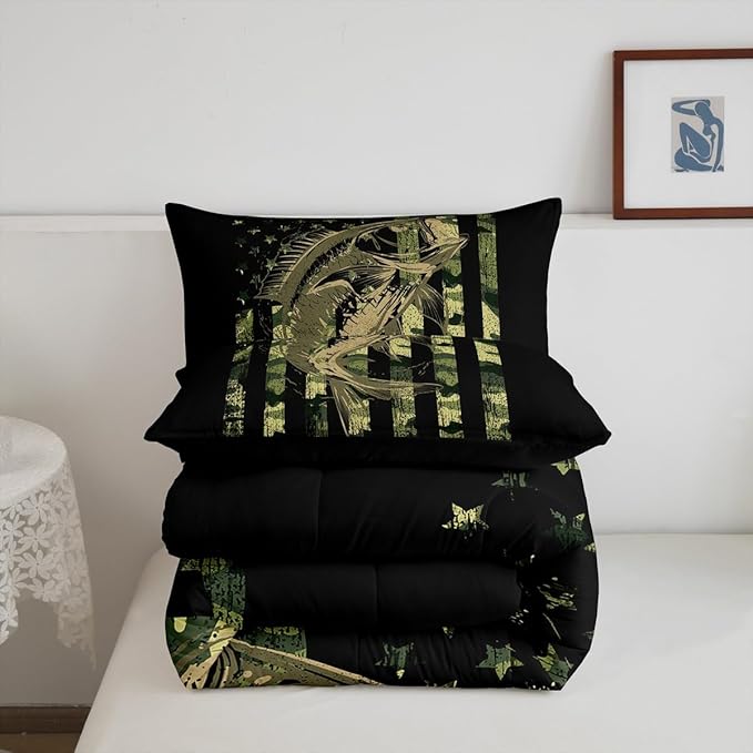 Green Black Camouflage Comforter Set Fish Camo American Flag Bedding Set for Women Men Room Farmhouse Fishing Decor Comforter Wild Quilted Set 3Pcs Queen Size - LeafyLoom
