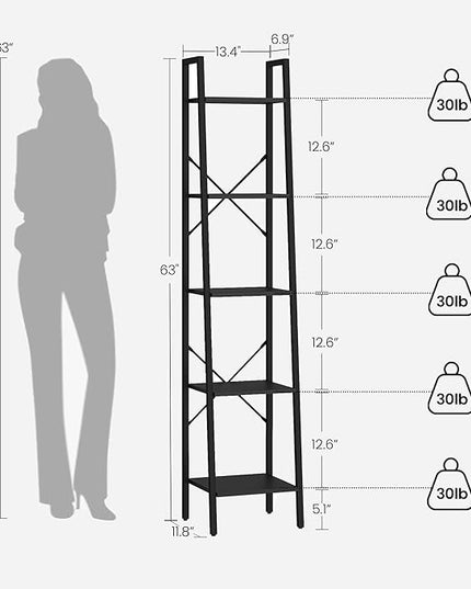 Ladder Shelf, Bookshelf Bookcase, Freestanding Corner Storage Shelve with 2 Hooks for Home Office, Living Room, Kitchen, Bedroom, Industrial, 5-Tier Black BC03204B - LeafyLoom