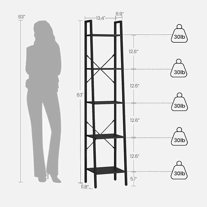 Ladder Shelf, Bookshelf Bookcase, Freestanding Corner Storage Shelve with 2 Hooks for Home Office, Living Room, Kitchen, Bedroom, Industrial, 5-Tier Black BC03204B - LeafyLoom