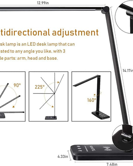 LED Desk Lamp with Wireless Charger, USB Charging Port, Dimmable Eye-Caring Desk Light with 5 Brightness Levels & 5 Lighting Modes, Touch Control, Auto Timer (Black) - LeafyLoom